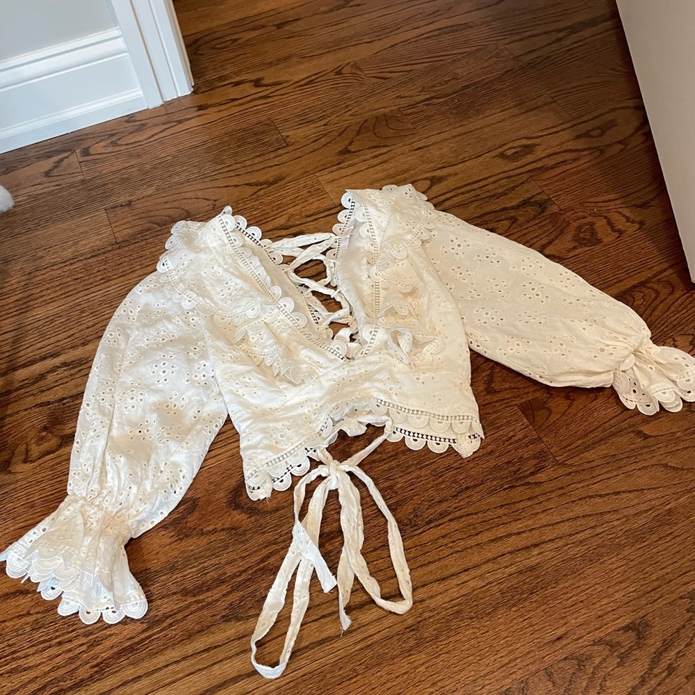 Olivaceous crochet trim ruffle blouse